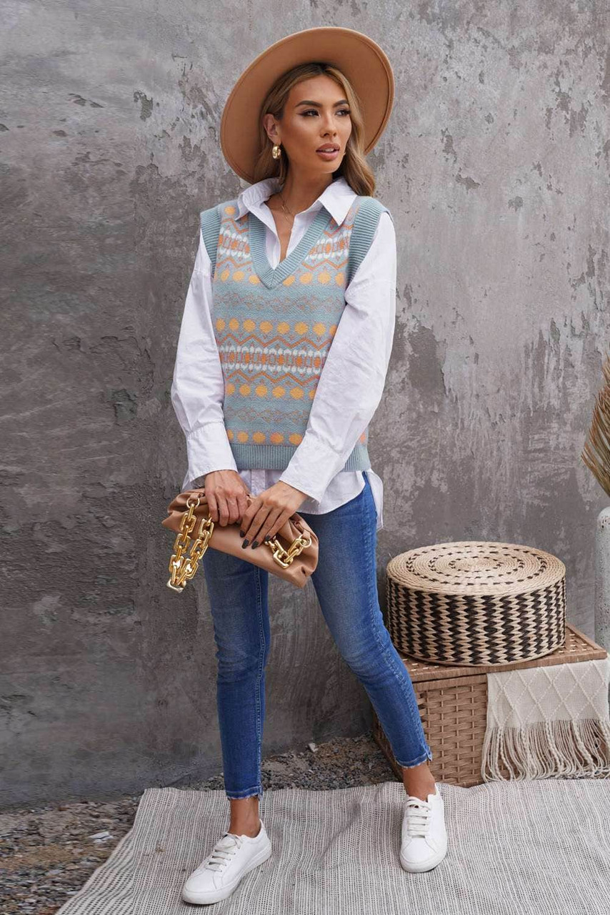 Blue Tribal Print V Neck Knitted Sweater Vest