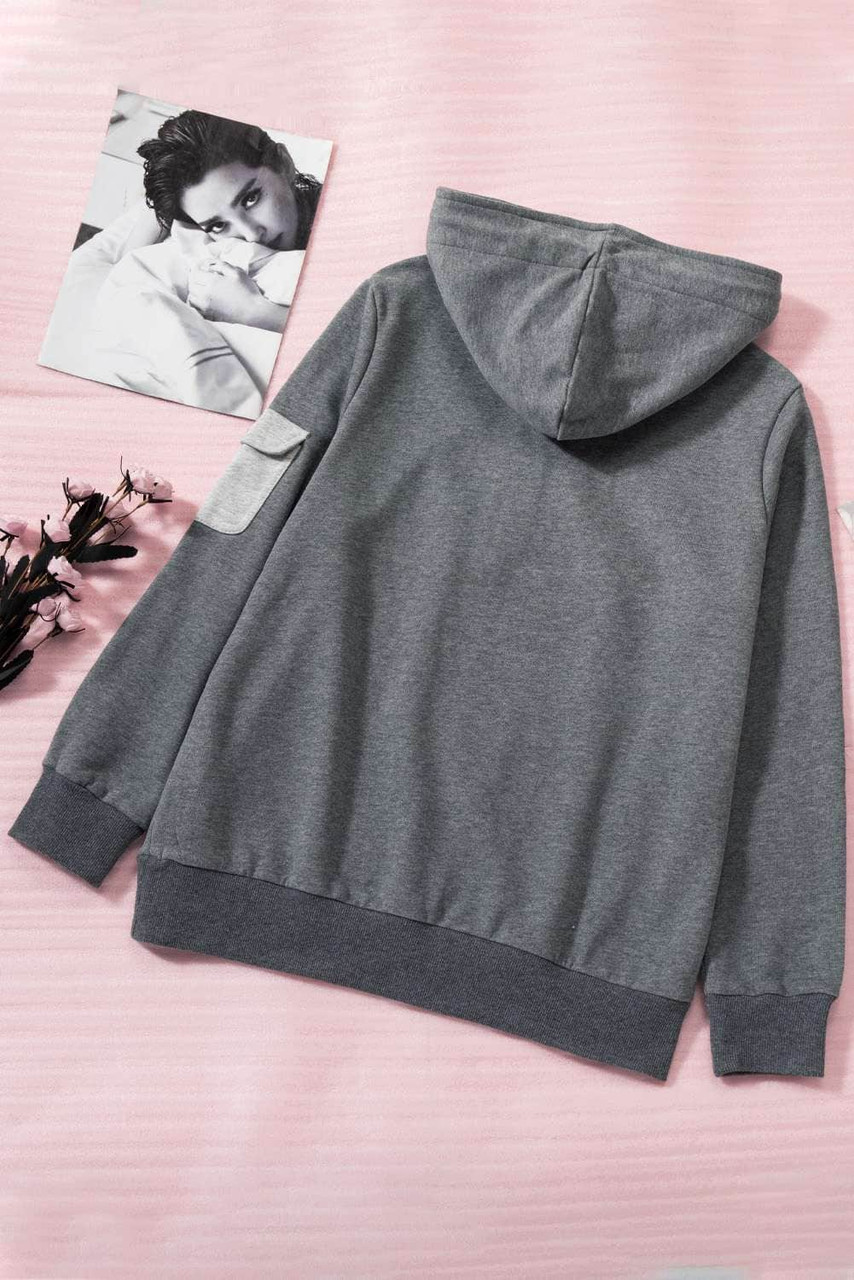 Gray Half Zip Colorblock Pocket Patchwork Long Sleeve Hoodie