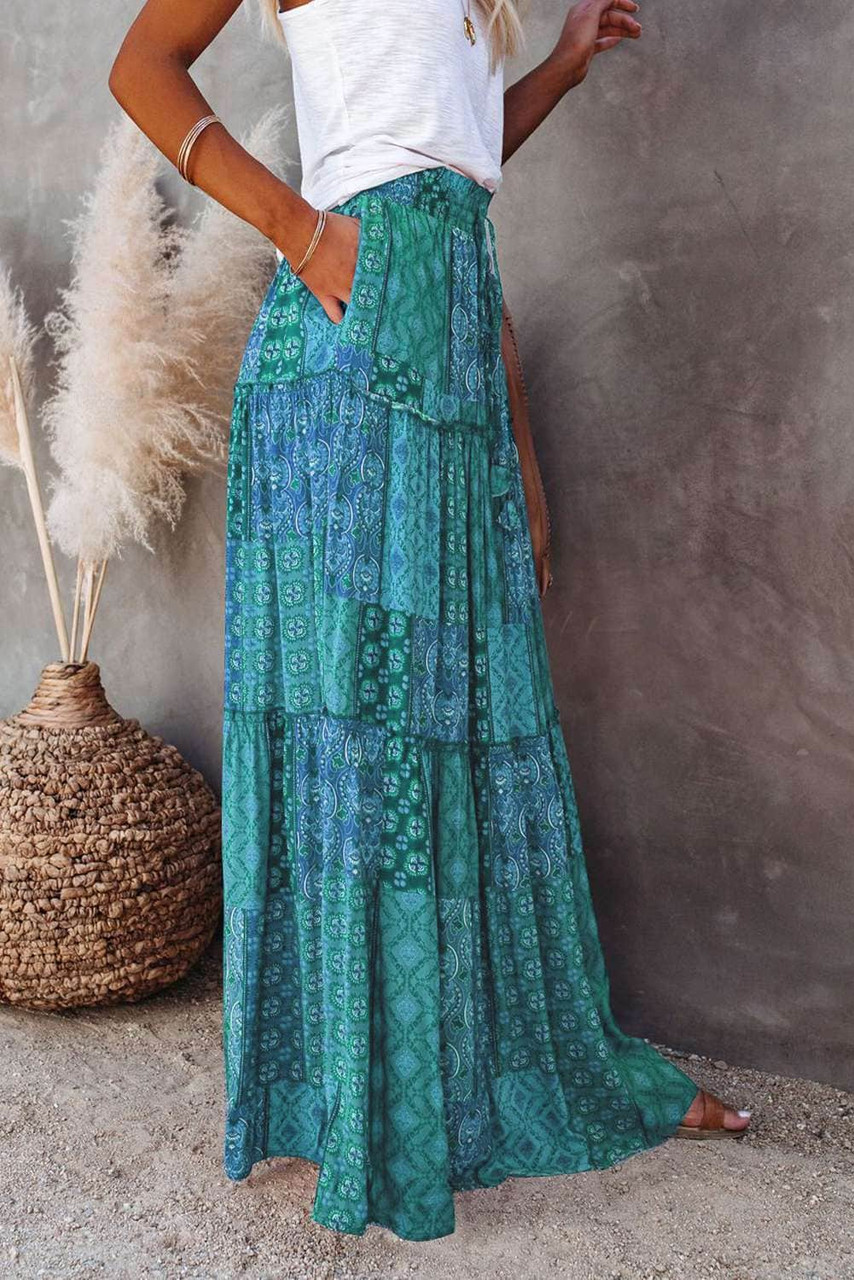 Green Tiered Paisley Print Pocketed Maxi Skirt
