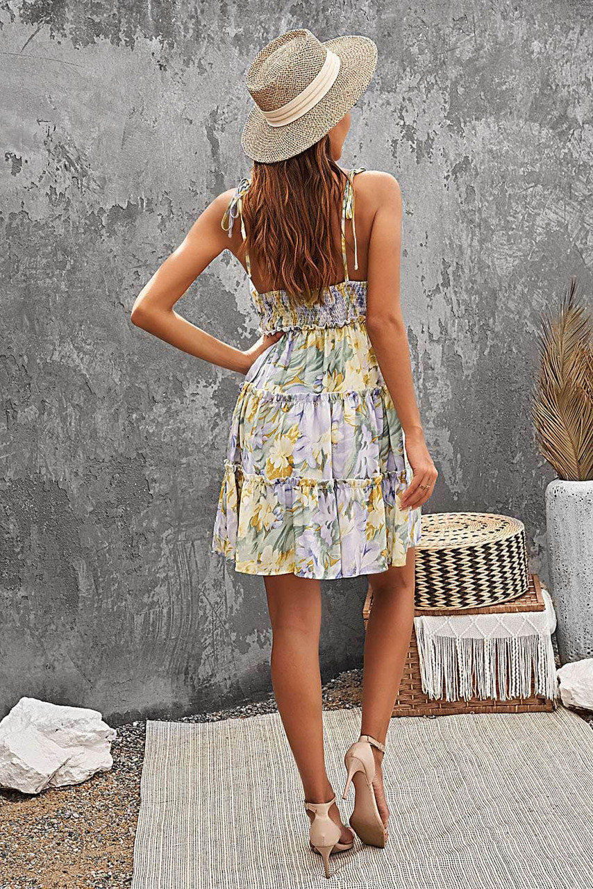 Yellow Spaghetti Straps Tiered Babydoll Ruffled Floral Dress Yellow Spaghetti Straps Tiered Babydoll Ruffled Floral Dress
