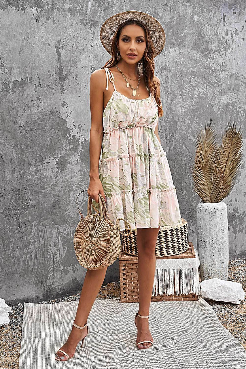 Green Spaghetti Straps Tiered Babydoll Ruffled Floral Dress