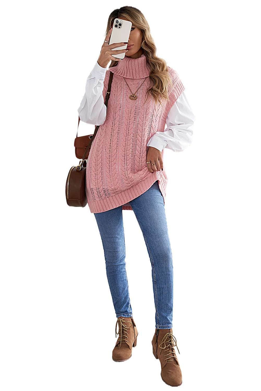 Pink Turtleneck Braided Knitted Vest