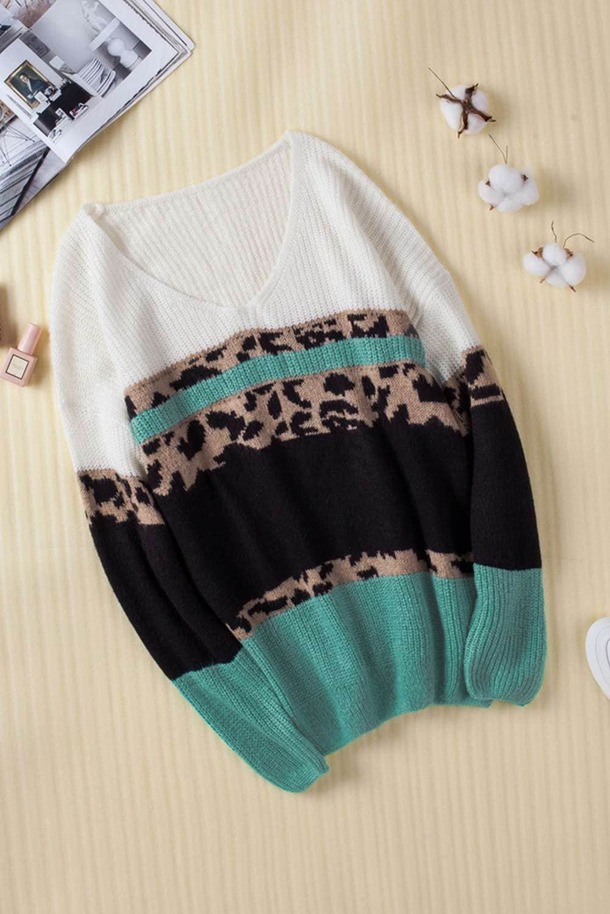 Leopard Print Color Block V Neck Sweater