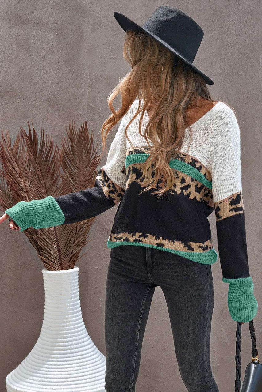 Leopard Print Color Block V Neck Sweater