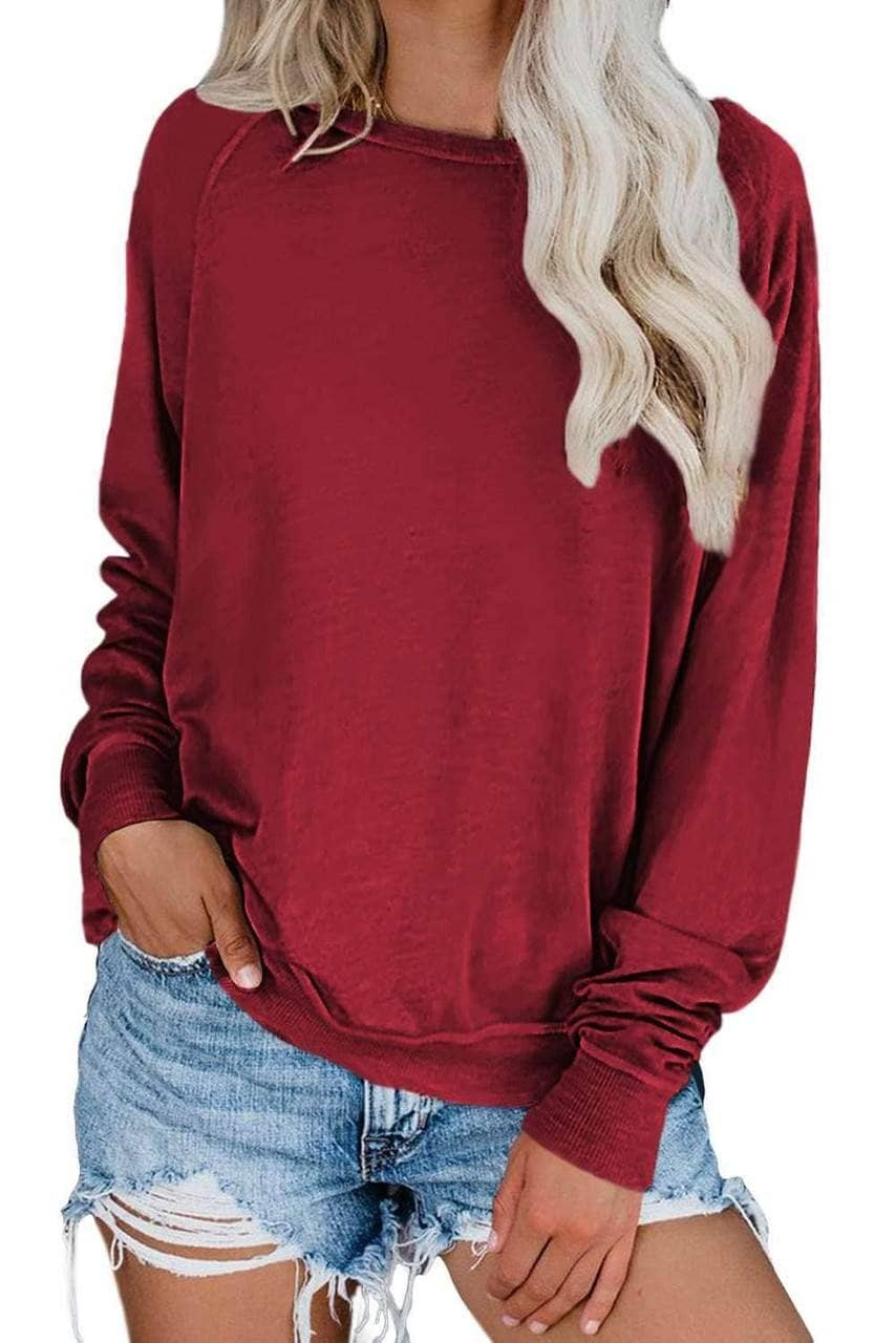 Wine Red Solid Crew Neck Pullover Sweatshirt