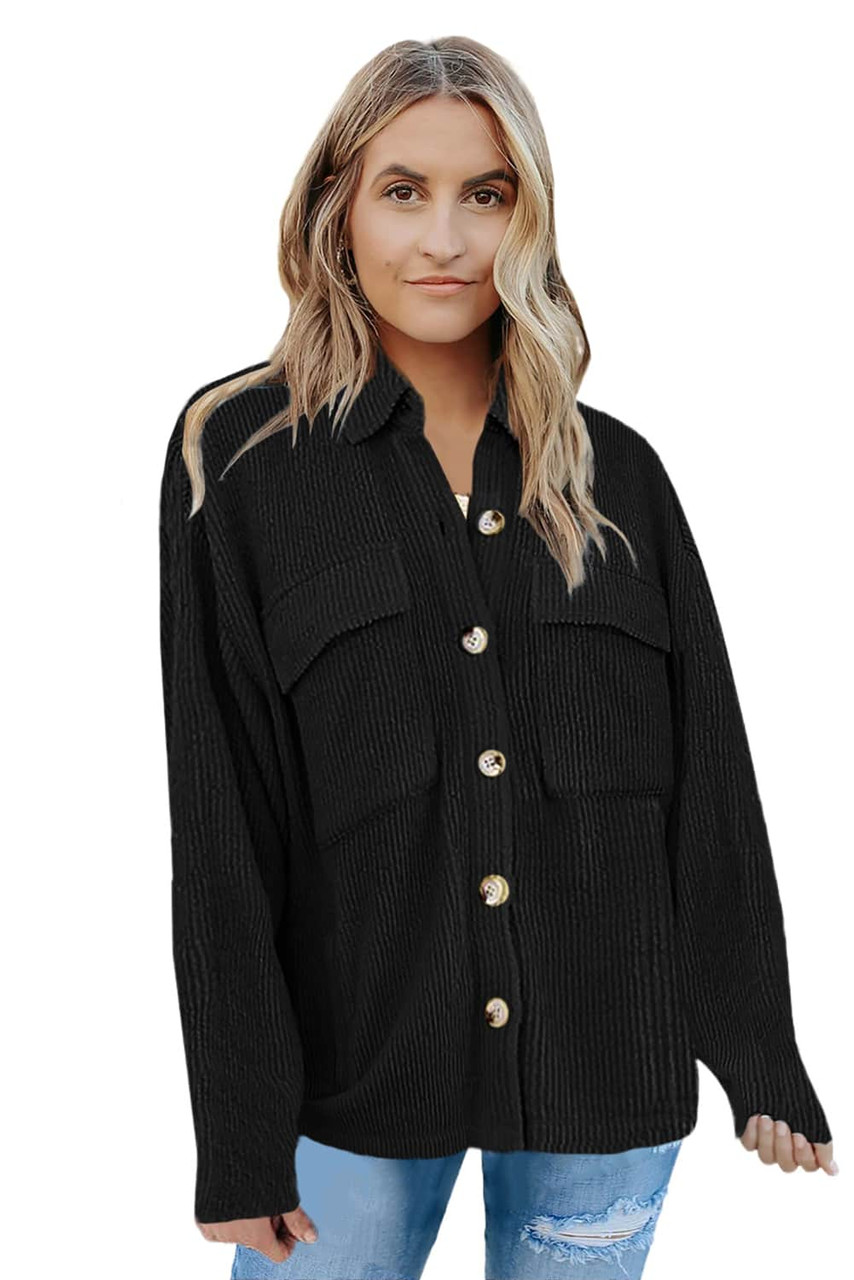 Black Pocketed Button Ribbed Textured Shacket