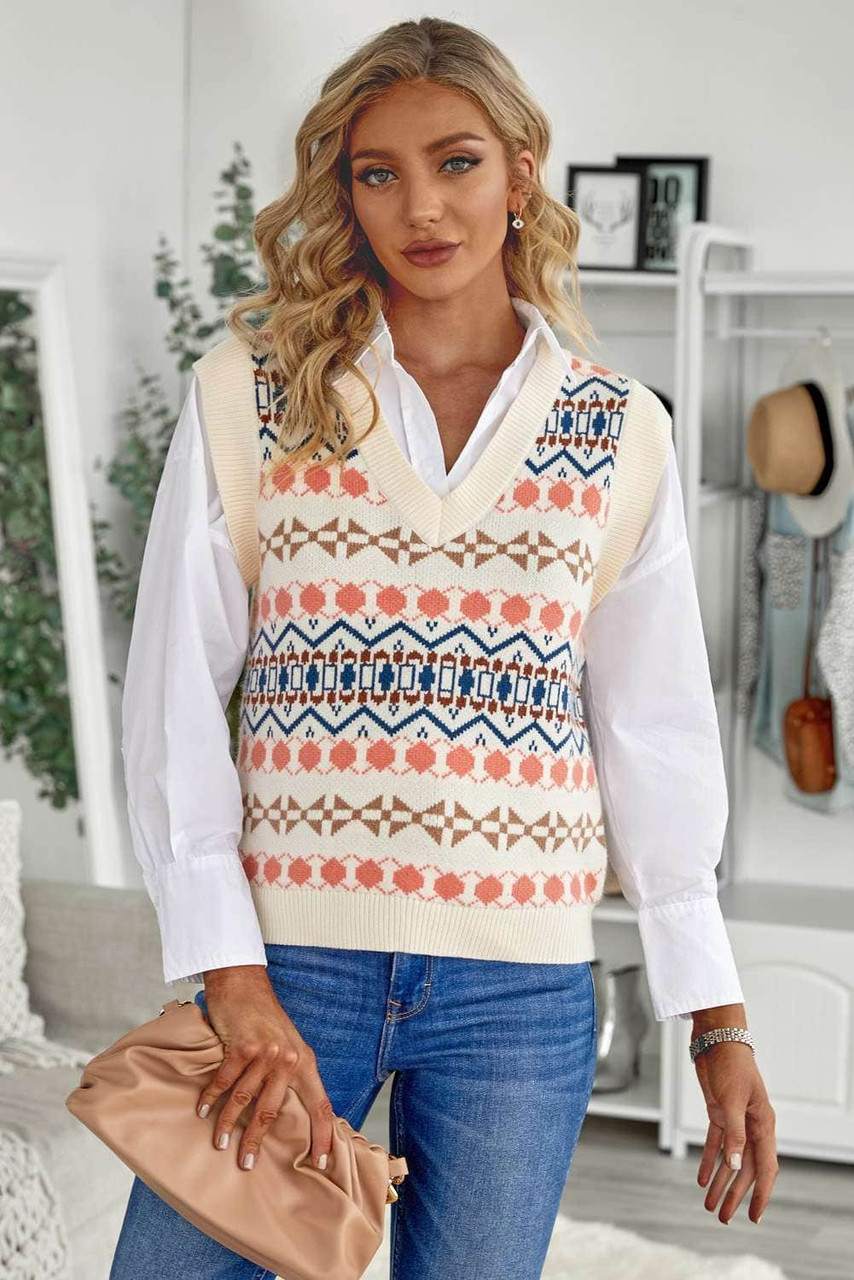 White Tribal Print V Neck Knitted Sweater Vest