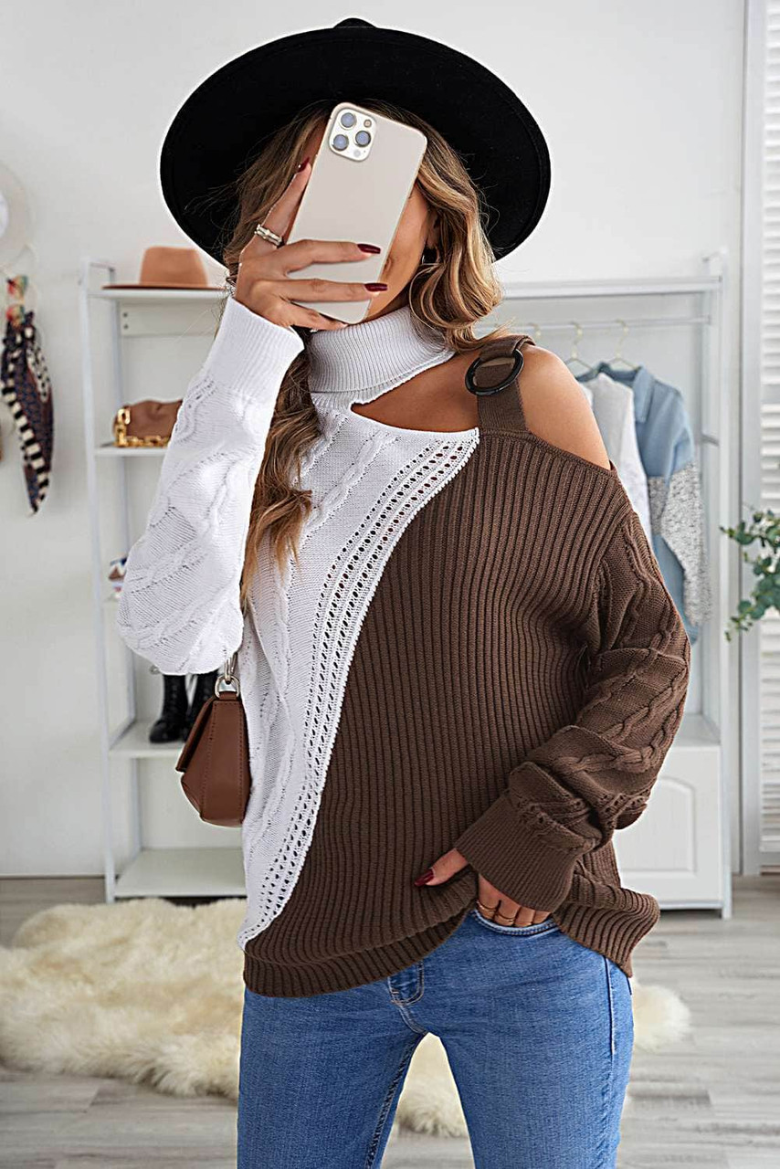 Brown Turtleneck Cold Shoulder Sweater