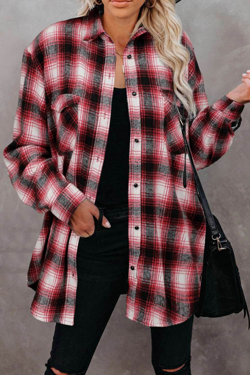 Red Buttons Pocketed Plaid Shacket