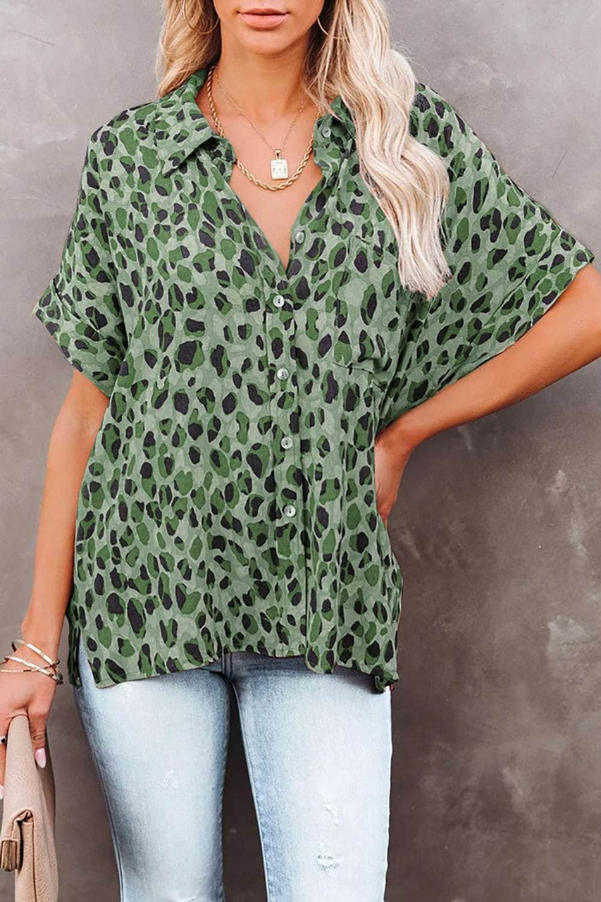 Green Leopard Print Button Roll up Sleeve Shirt Green Leopard Print Button Roll up Sleeve Shirt
