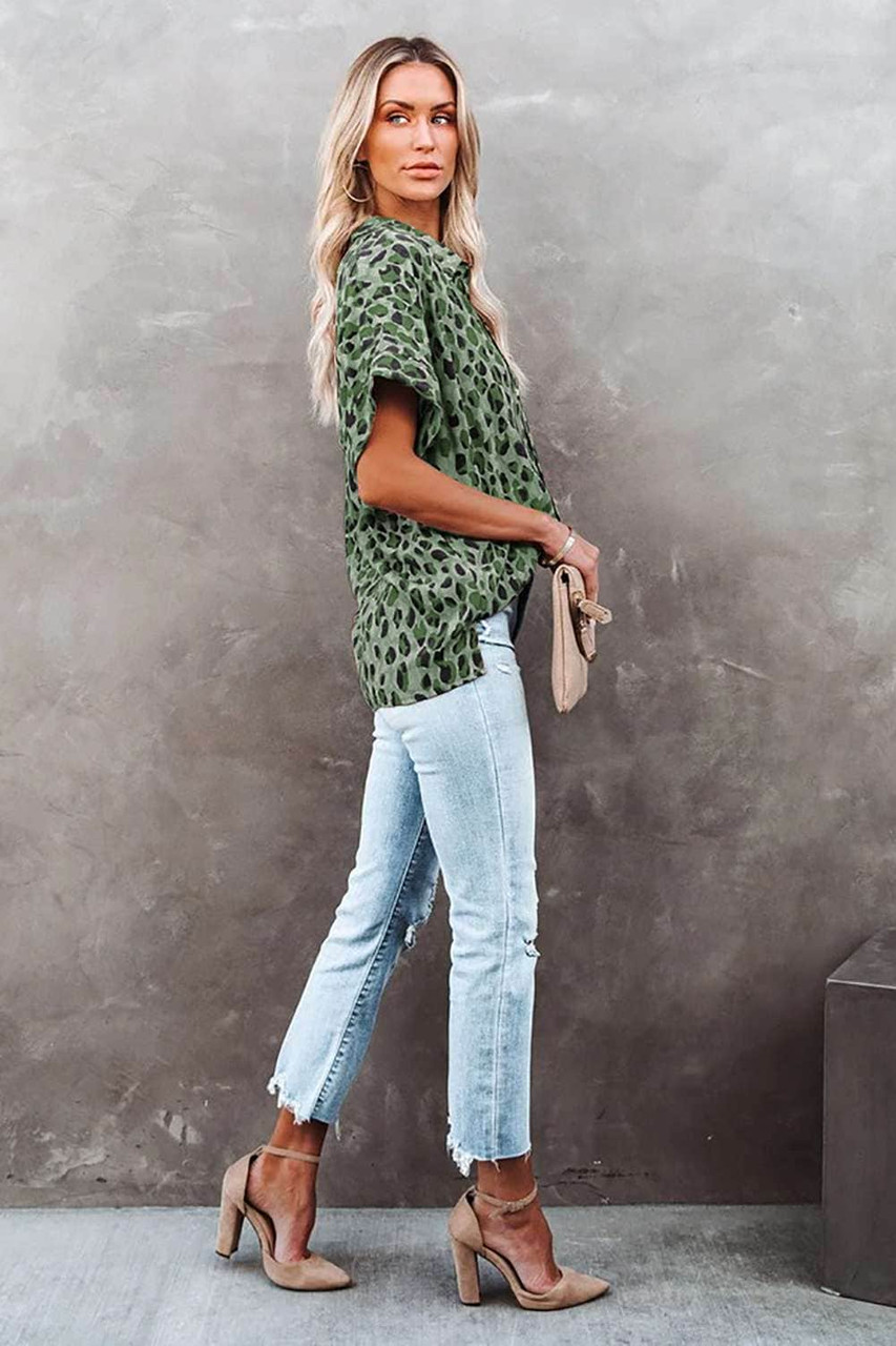 Green Leopard Print Button Roll up Sleeve Shirt