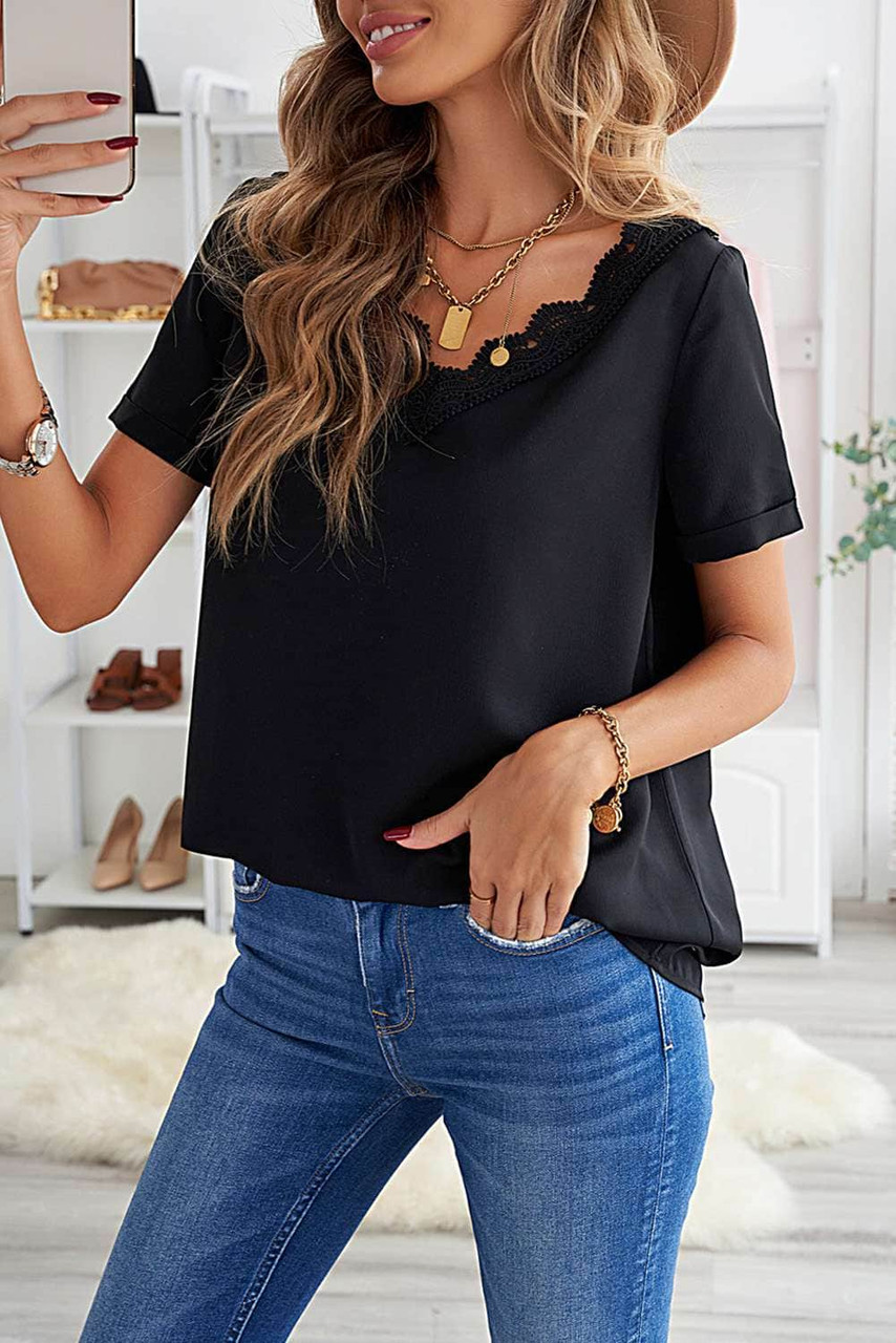 Black Lace V Neck Short Sleeve T-shirt