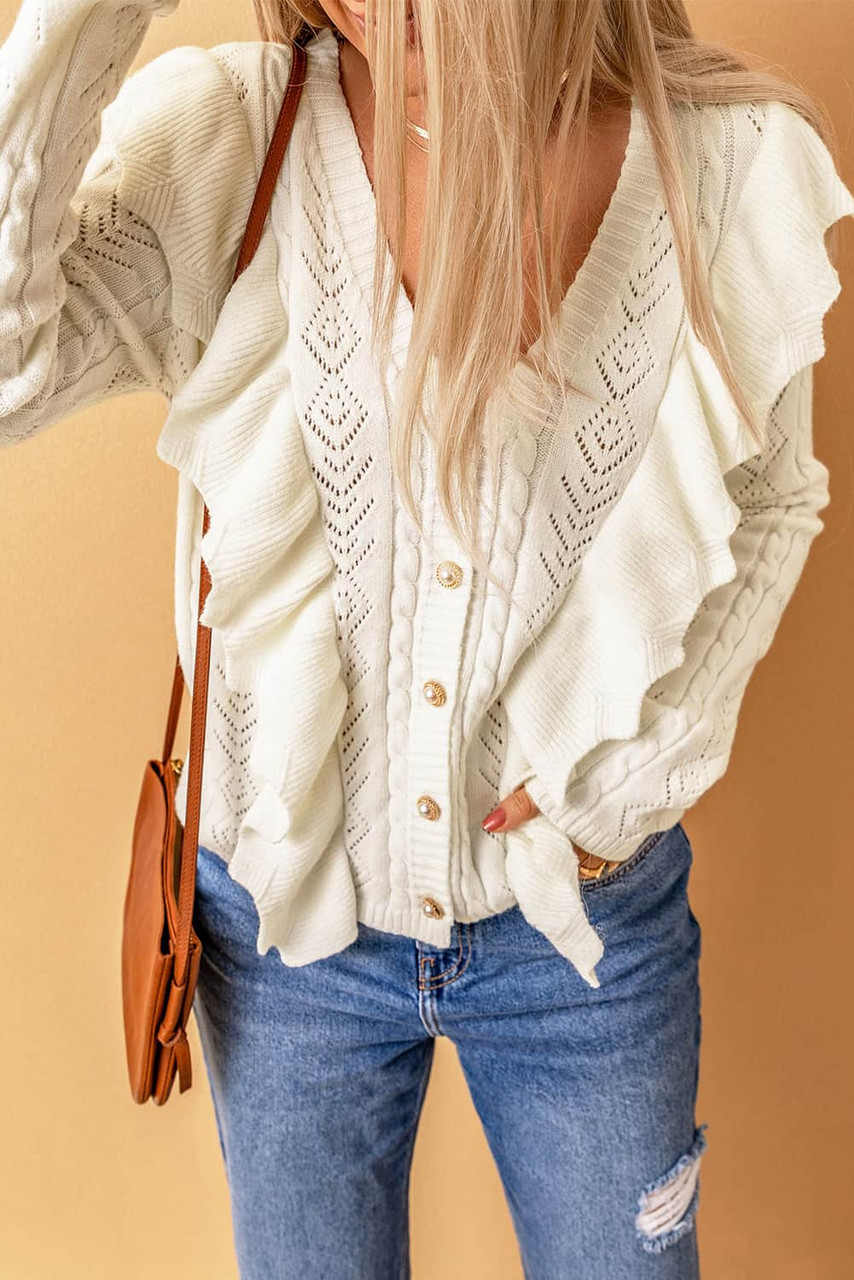 Beige Ruffled Buttoned Open Front Knitted Sweater