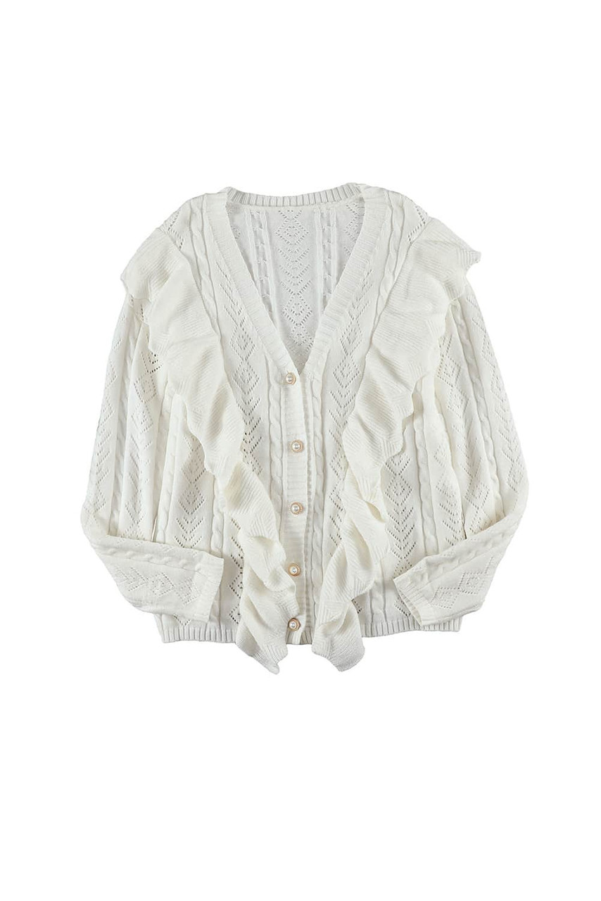 Beige Ruffled Buttoned Open Front Knitted Sweater