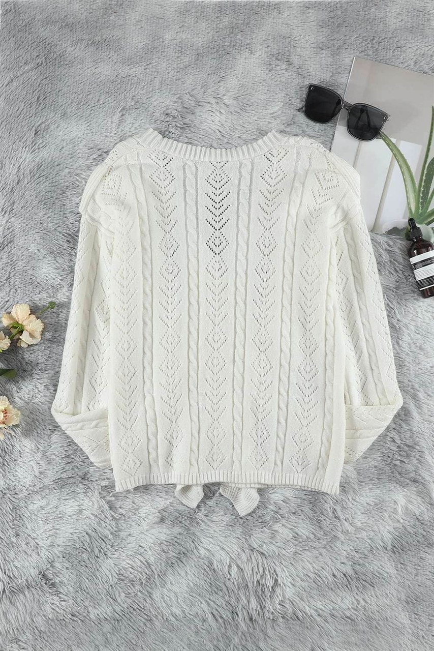 Beige Ruffled Buttoned Open Front Knitted Sweater