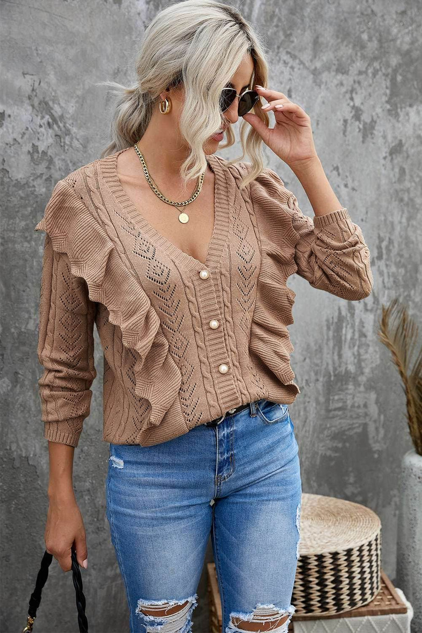 Khaki Ruffled Buttoned Open Front Knitted Sweater