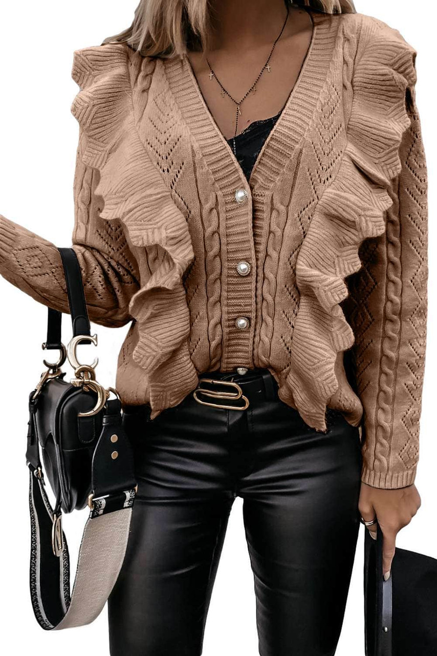 Khaki Ruffled Buttoned Open Front Knitted Sweater