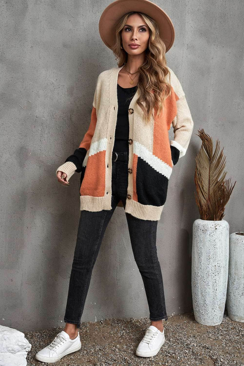 Khaki Buttons Colorblock Cardigan