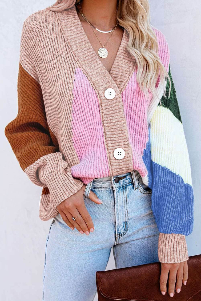 Pink Color Block Buttons Drop-Shoulder Sleeve Cardigan