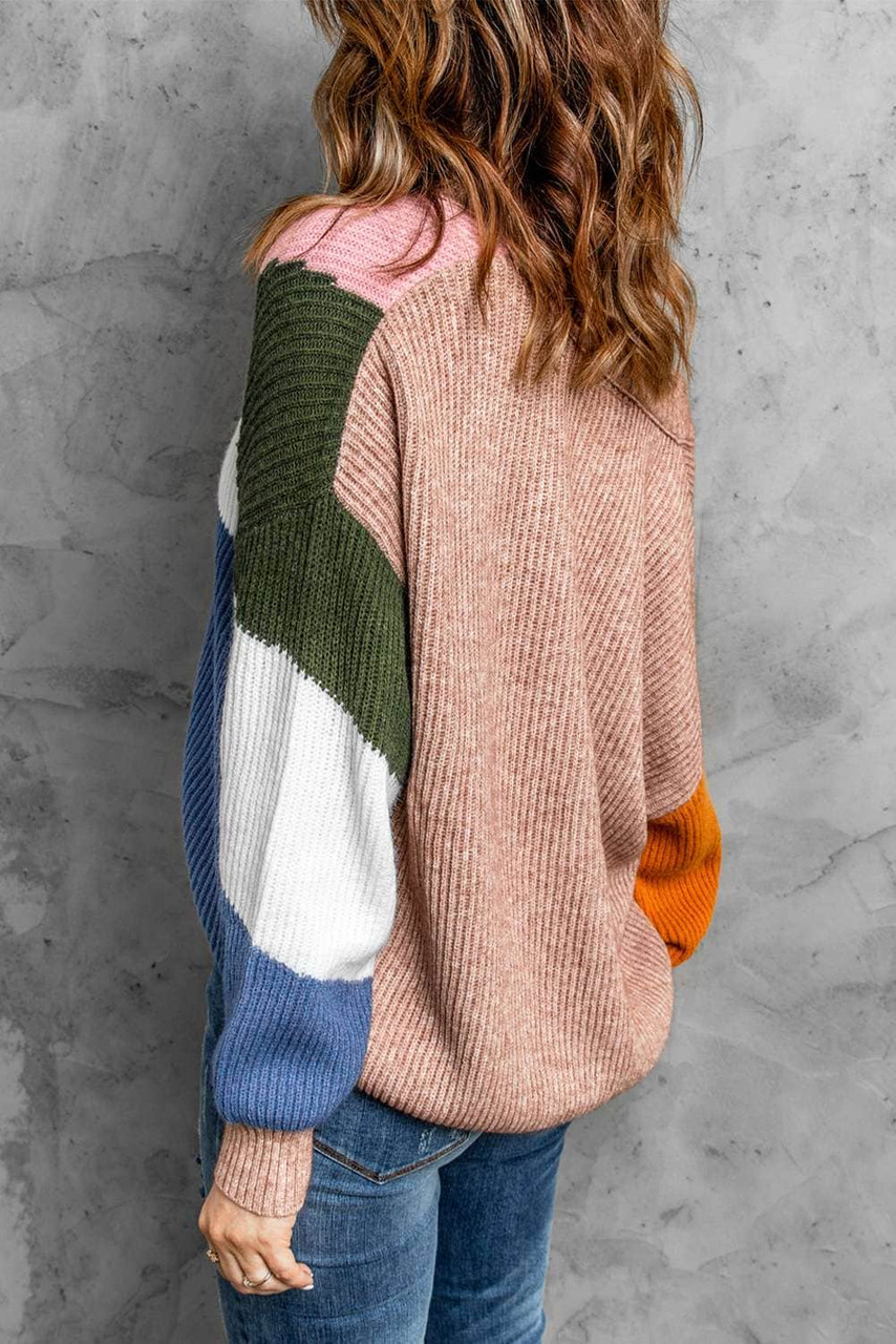 Pink Color Block Buttons Drop-Shoulder Sleeve Cardigan