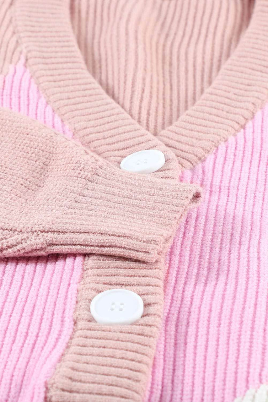 Pink Color Block Buttons Drop-Shoulder Sleeve Cardigan