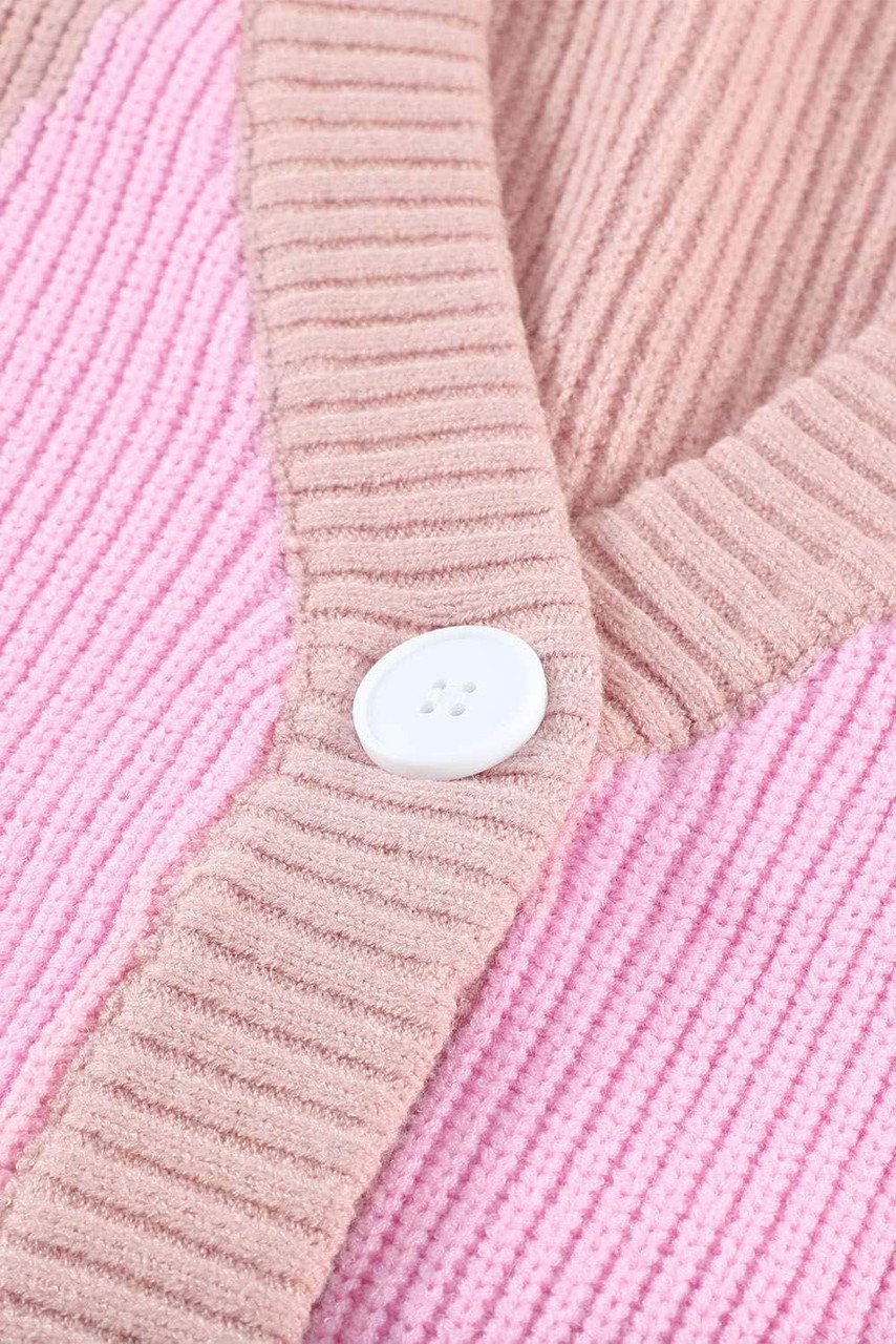 Pink Color Block Buttons Drop-Shoulder Sleeve Cardigan