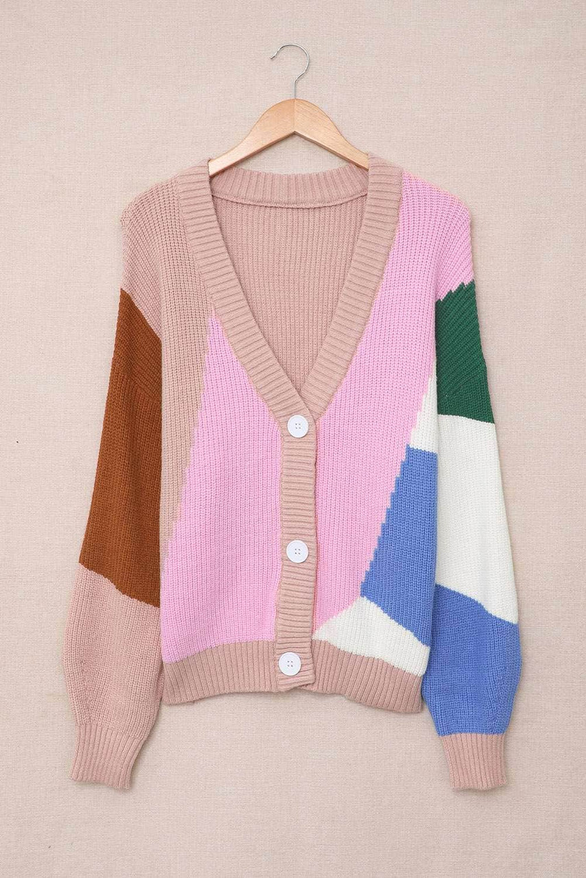 Pink Color Block Buttons Drop-Shoulder Sleeve Cardigan