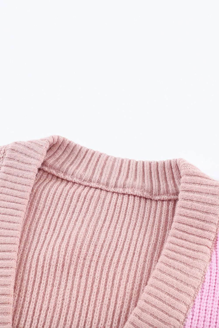 Pink Color Block Buttons Drop-Shoulder Sleeve Cardigan