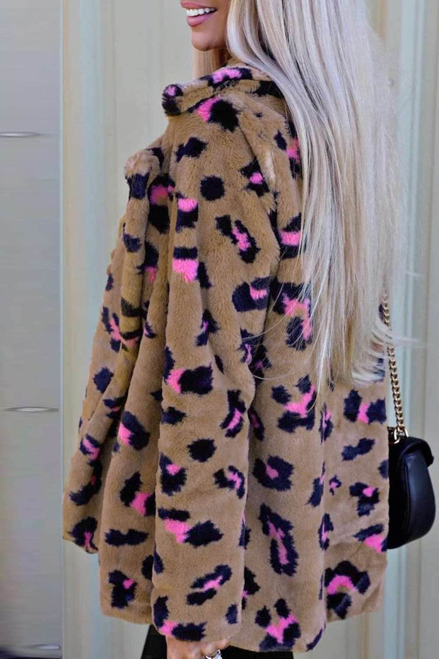 Brown Plush Fur Leopard Coat