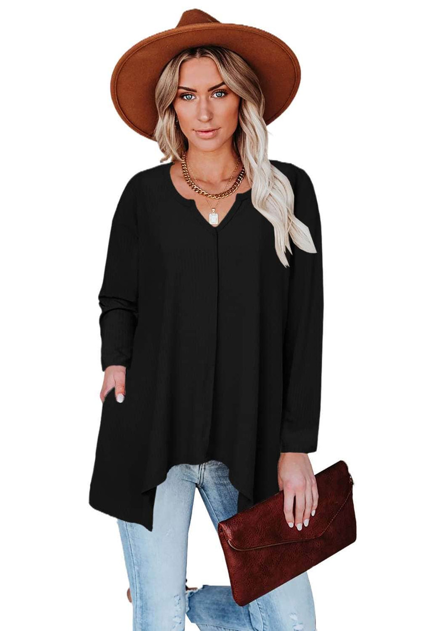 Black Asymmetric Hemline Long Sleeve Top