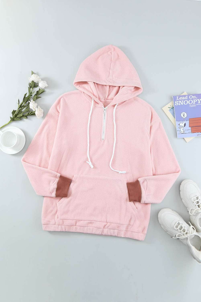 Pink Plain Quarter Zip Furry Hoodie