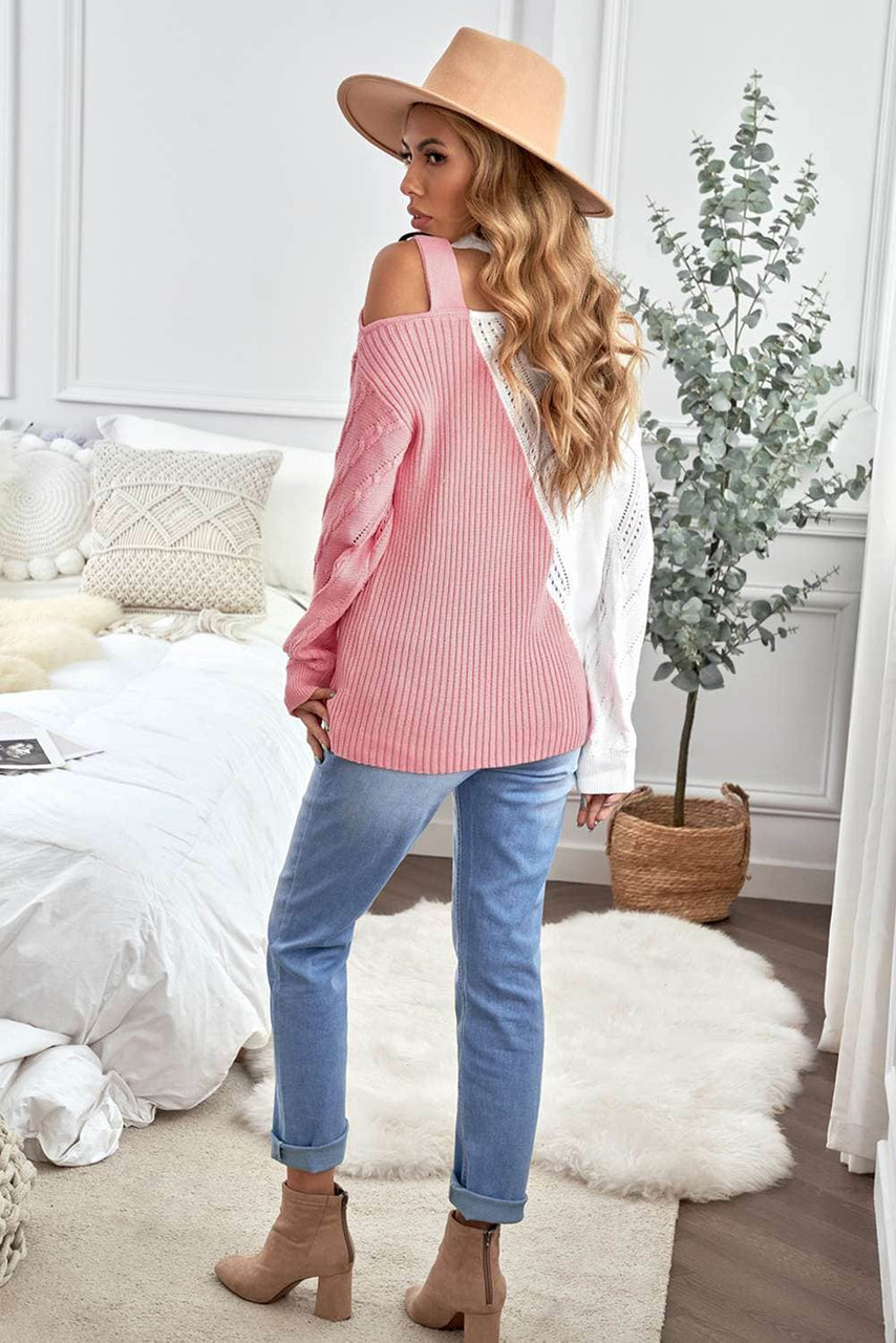 Pink Turtleneck Cold Shoulder Sweater