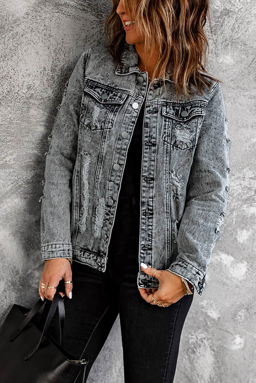 Gray Distressed Buttons Washed Denim Jacket