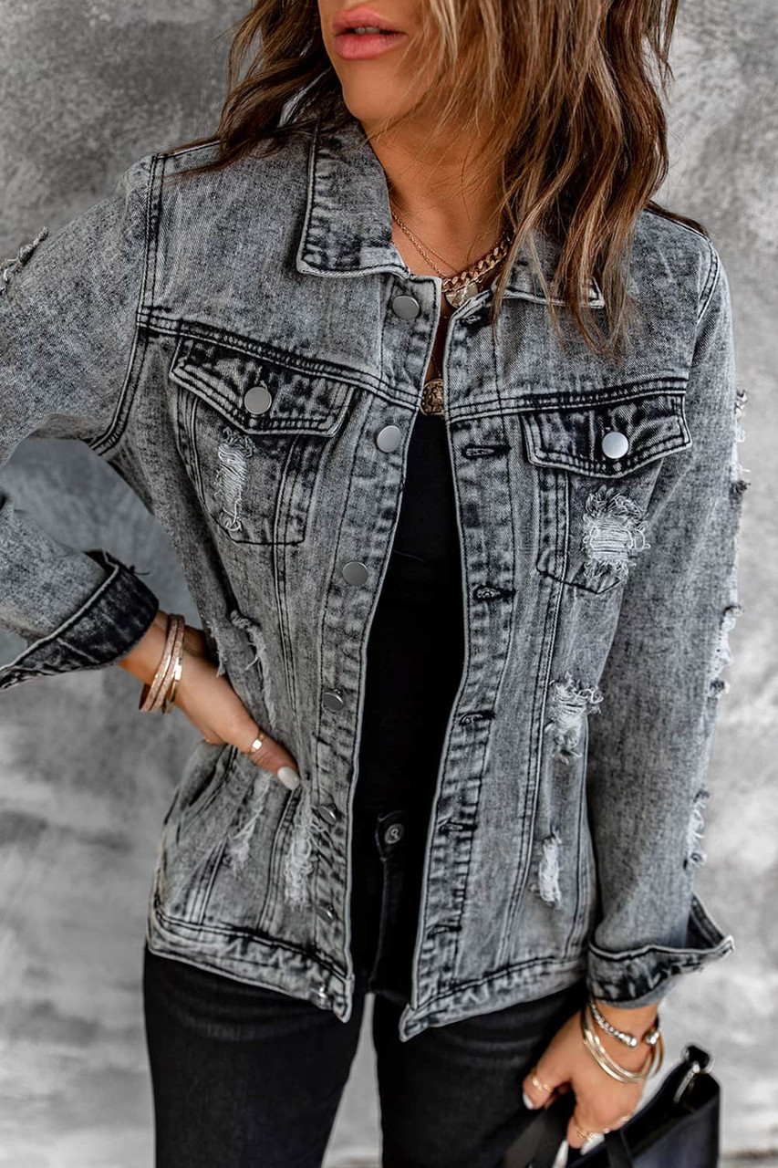 Gray Distressed Buttons Washed Denim Jacket Gray Distressed Buttons Washed Denim Jacket
