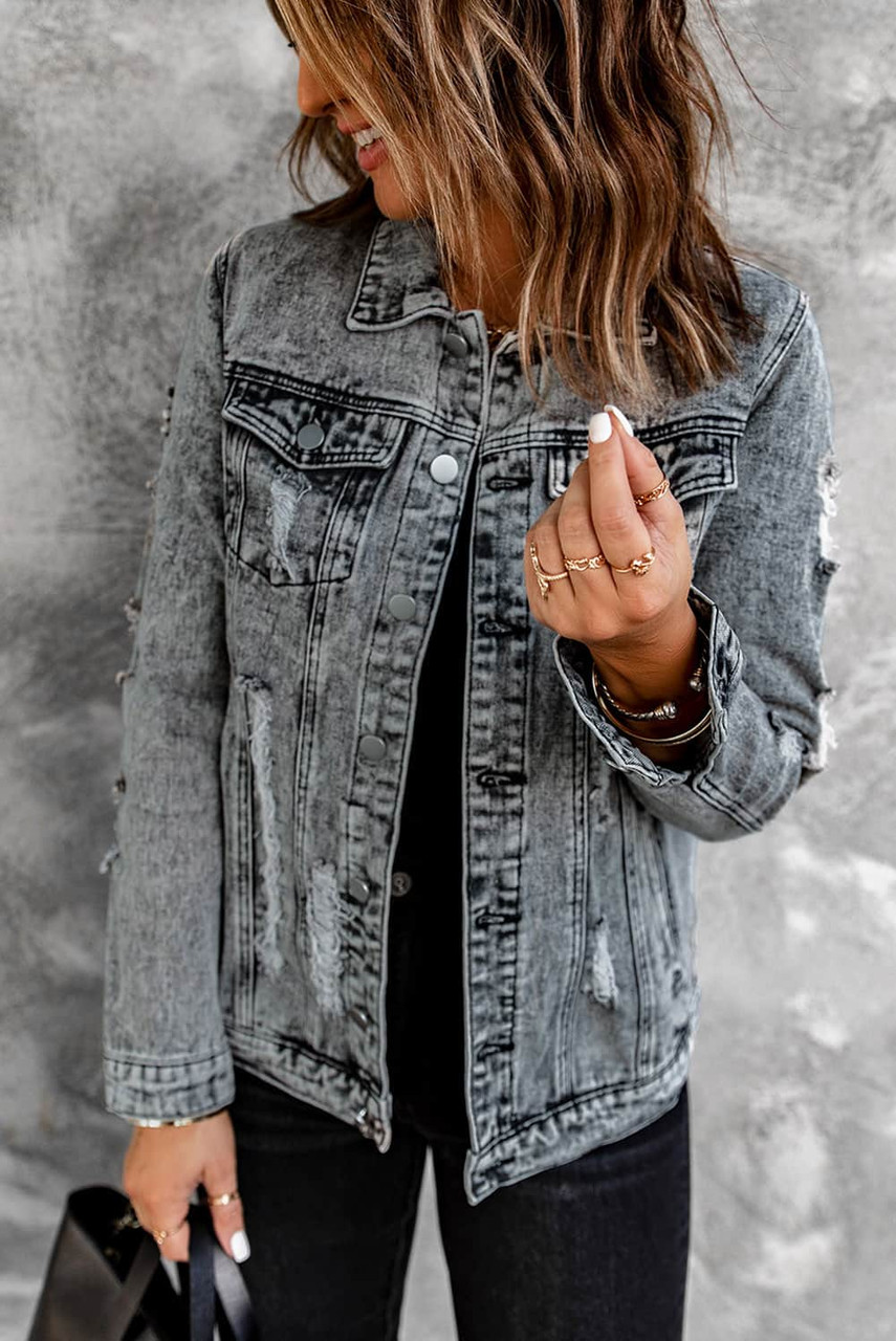 Gray Distressed Buttons Washed Denim Jacket Gray Distressed Buttons Washed Denim Jacket