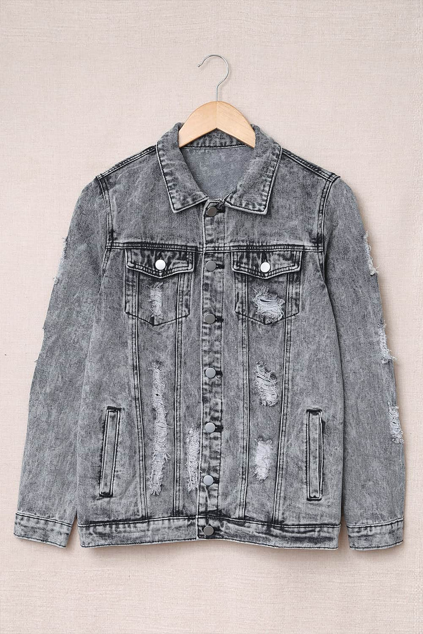 Gray Distressed Buttons Washed Denim Jacket