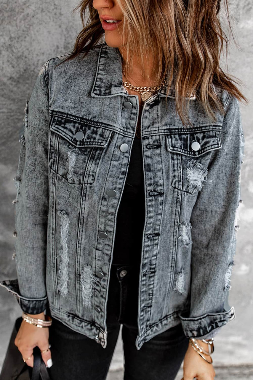 Gray Distressed Buttons Washed Denim Jacket Gray Distressed Buttons Washed Denim Jacket