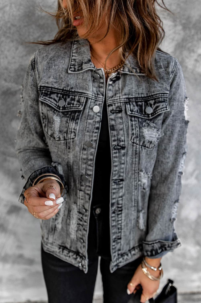 Gray Distressed Buttons Washed Denim Jacket Gray Distressed Buttons Washed Denim Jacket