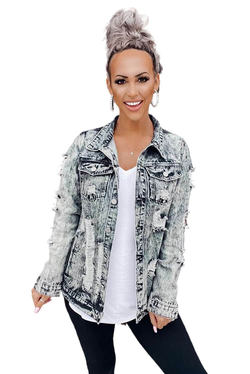 Gray Distressed Buttons Washed Denim Jacket Gray Distressed Buttons Washed Denim Jacket