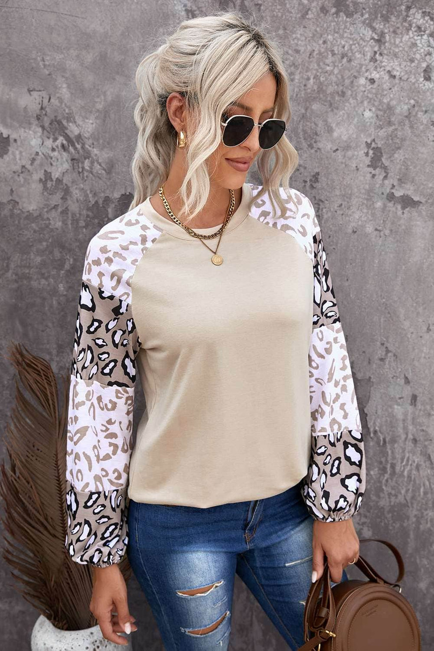 Apricot Leopard Print Bubble Sleeve Top