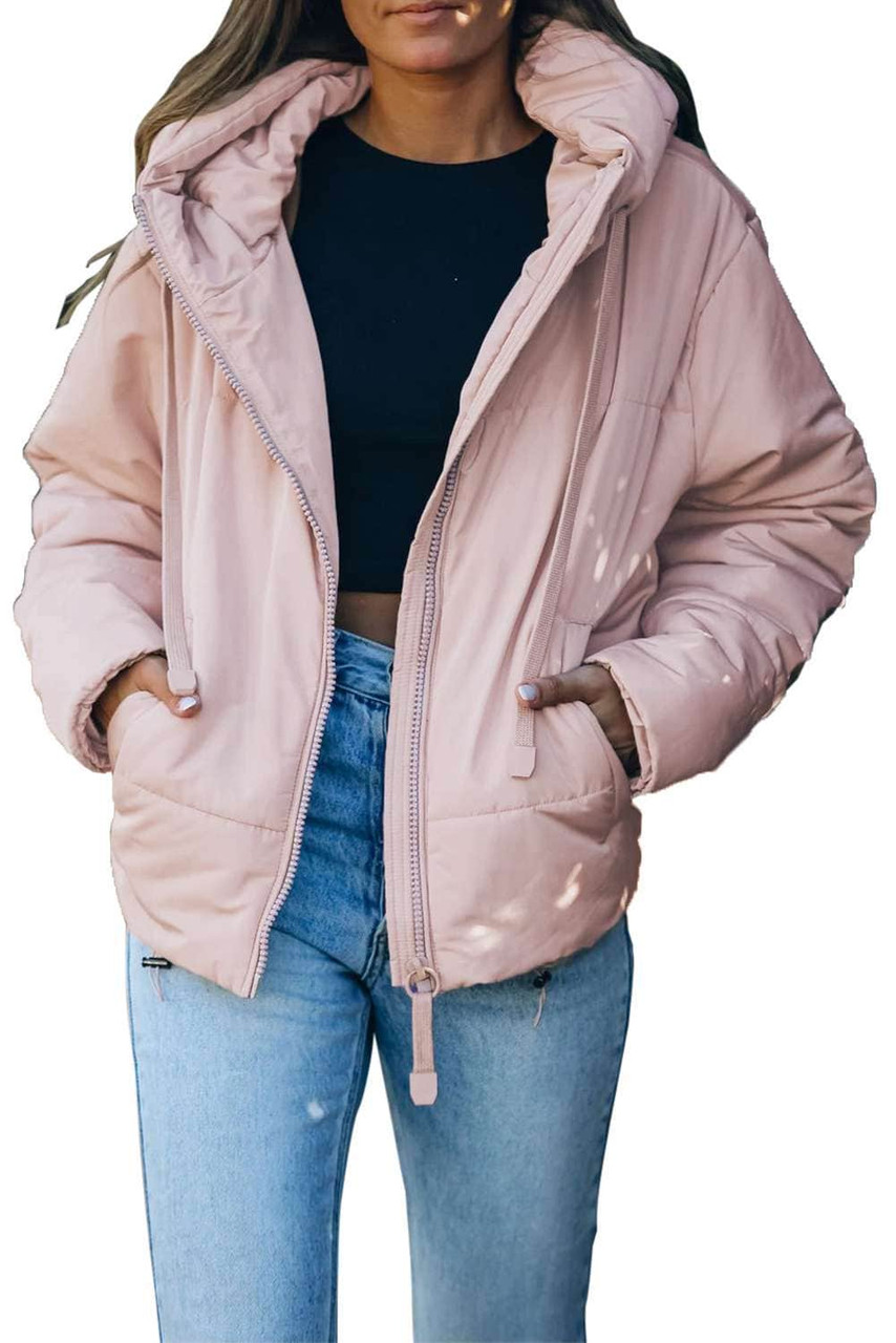 Pink Zipper Hooded Coat with Pocket