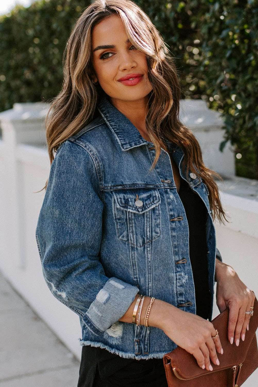 Blue Lapel Distressed Raw Hem Buttons Denim Jacket