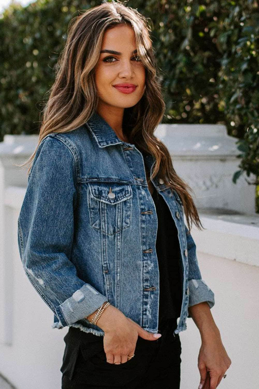 Blue Lapel Distressed Raw Hem Buttons Denim Jacket