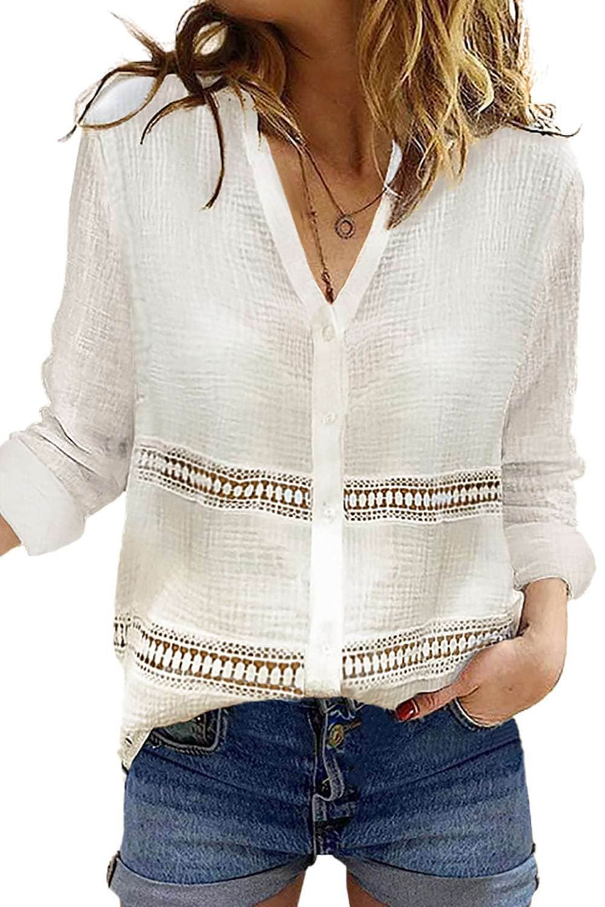 White Long Sleeve Crochet Insert Crinkle Blouse