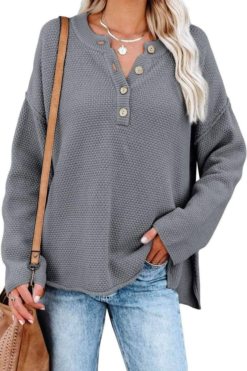 Gray Henley Pullover Drop Shoulder Sweater with Slits