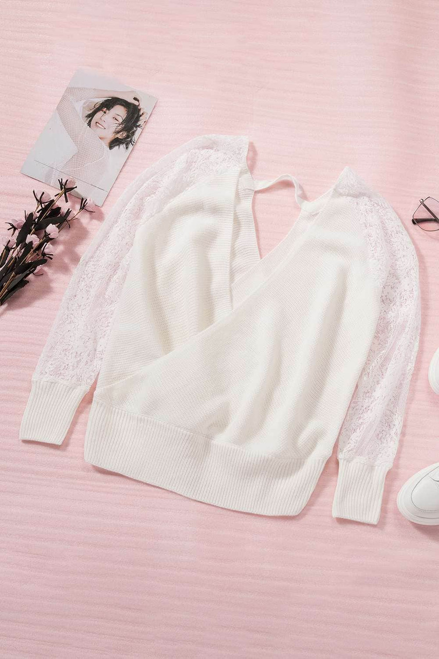 White Sexy V Neck Surplice Hollow-out Sweater with Lace Sleeves White Sexy V Neck Surplice Hollow-out Sweater with Lace Sleeves