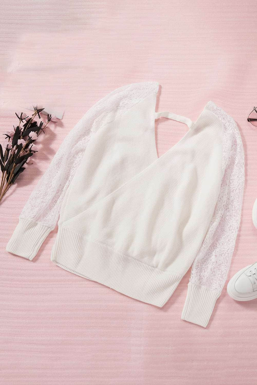 White Sexy V Neck Surplice Hollow-out Sweater with Lace Sleeves White Sexy V Neck Surplice Hollow-out Sweater with Lace Sleeves