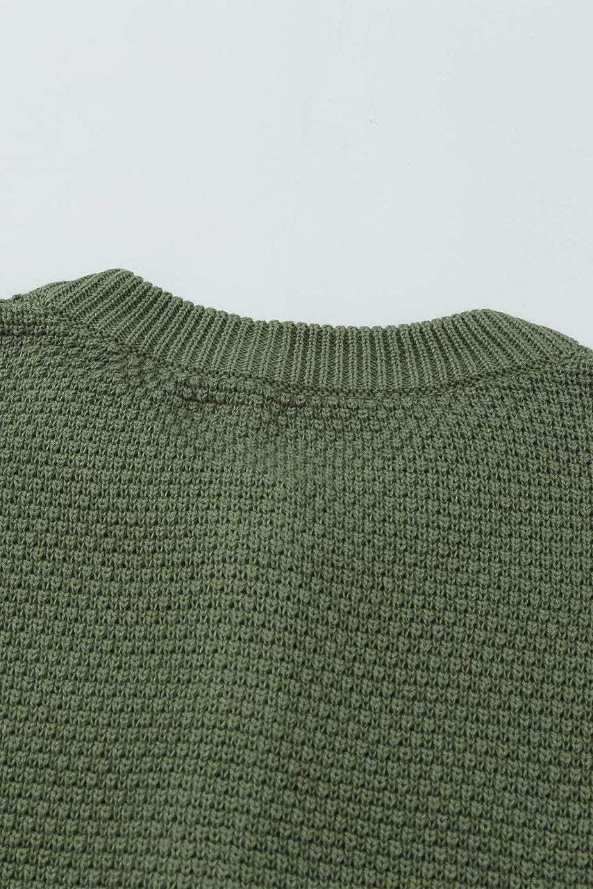 Green Henley Pullover Drop Shoulder Sweater with Slits