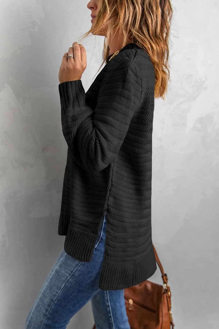 Black Solid Color Stand Collar Textured Sweater