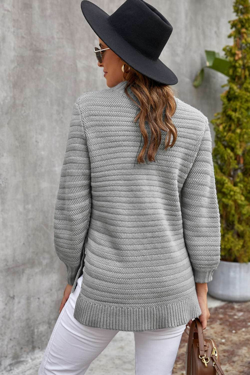 Gray Solid Color Stand Collar Textured Sweater